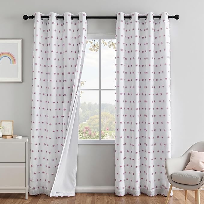 MEETSKY 100% Blackout Curtains for Nursery Bedroom 90 Inch Length 2 Panels, Total Light Blocking Curtains for Girls Room,Grommet Room Darkening Window Drapes with Purple Pom Pom Sheer 52W x 90L