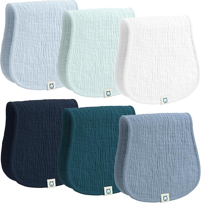 ROMY RO Muslin Burp Cloths Set, 6 Pieces, 100% Organic Cotton Hand Washcloths for Baby Boys and Girls Extra Absorbent and Soft Burping Rags (Blue - Multi Colored)