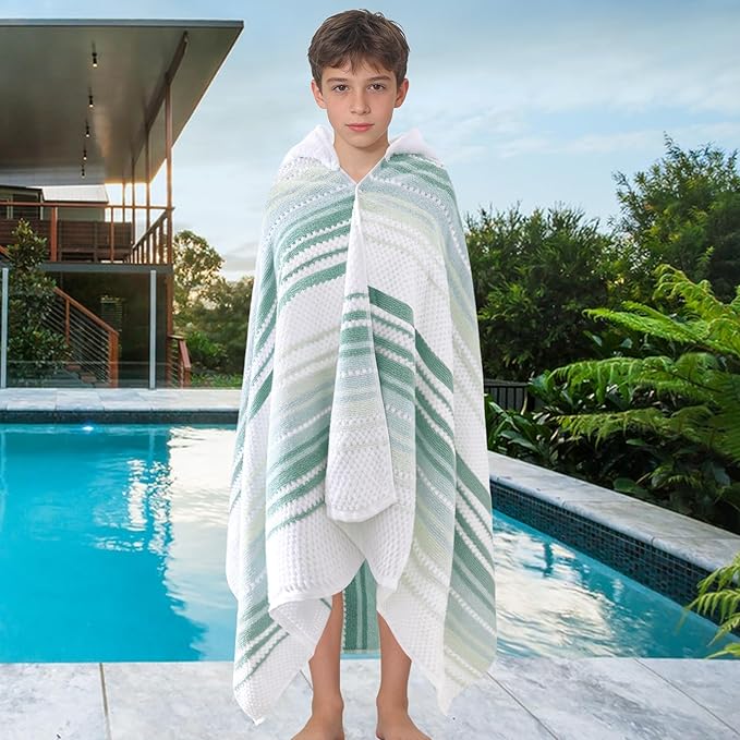 Hooded Bath Towel for Teens (8-14 Years,64"X33") | Soft Fluffy Quick Dry Absorbent 100%Cotton Thick Towel Wrap for Big Kids | Versatile Beach, Pool, Swim & Bath Cover-Up | Light Green Vertical Stripe