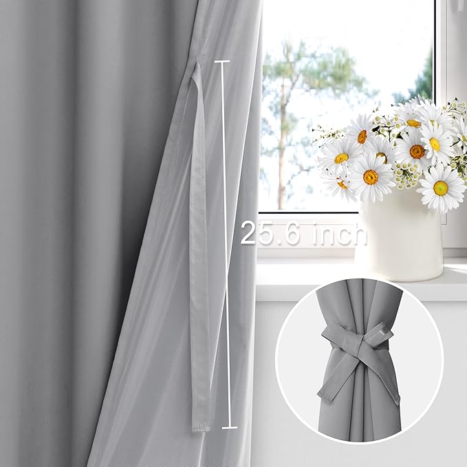 XWZO 100% Blackout Curtains with Tiebacks- Heat and Light Blocking Rod Pocket & Back Tab Window Drapes with Black Liner Backing for Bedroom/Kid's Room, Light Grey, W52 x L108, Set of 2 Panels