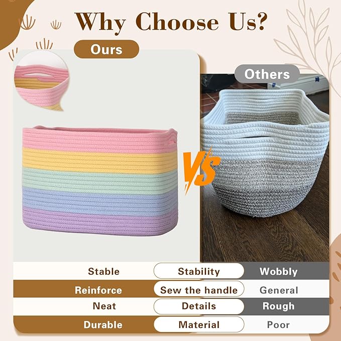 Woven Storage Baskets, Rainbow Baskets for Organizing, 3 Pack Woven Basket for Storage, Storage Baskets for Shelf, Towel, Toy, Book, Closet, Baby 15"×10"×9"