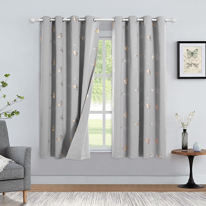 Jubilantex Metallic Butterfly Blackout Curtains for Nursery Kids Bedroom 90% Room Darkening 63 Inch Long Grommet Window Treatments,Grey 2 Panels