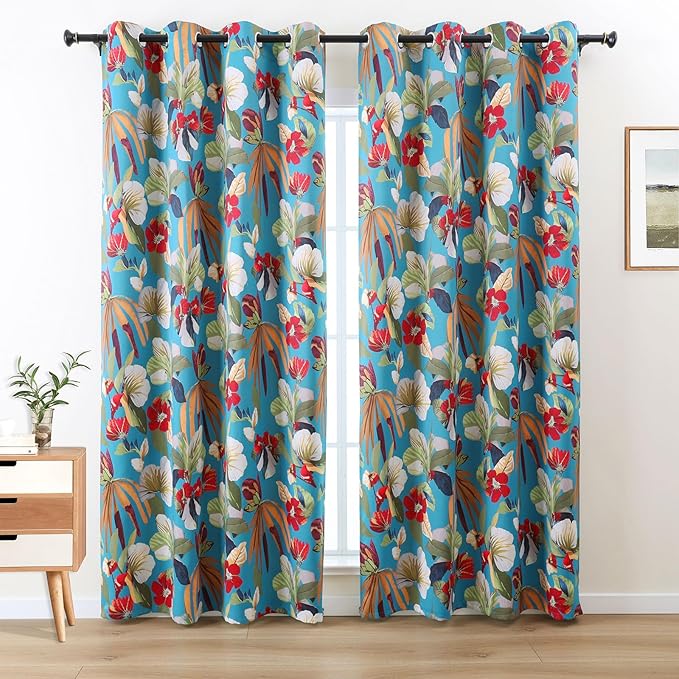L.Z.E Teal Floral Curtains for Bedroom Turquoise Blackout Vintage Patterned Curtains 84 Inch Long 85% Room Darkening Drapes for Living Room Thermal Grommet Top 2 Panels Set Retro Boho