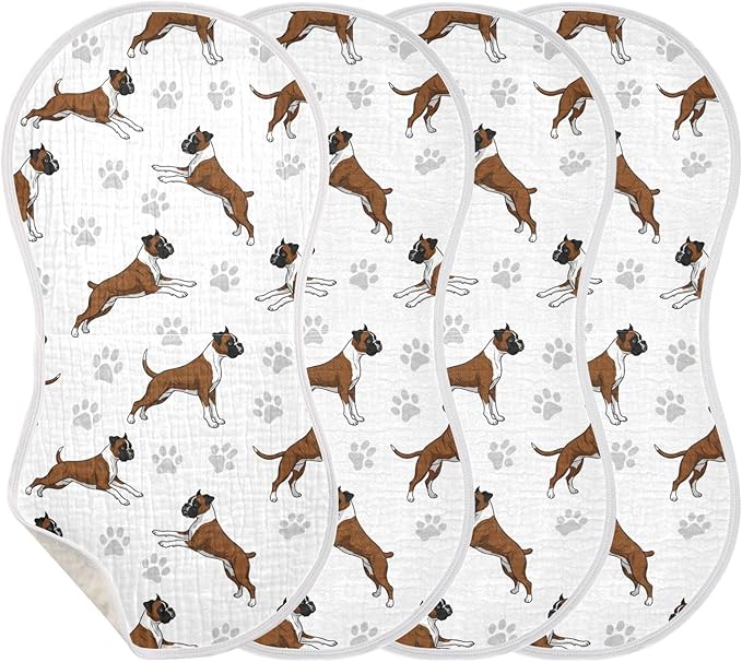 Qinllo 4 Pack Muslin Burp Cloths Boxer Dogs White Cotton Baby Burp Cloths Ultra Absorbent Soft Thick Burping Cloth for Newborn Babies Boys Girls 22x11 Inch