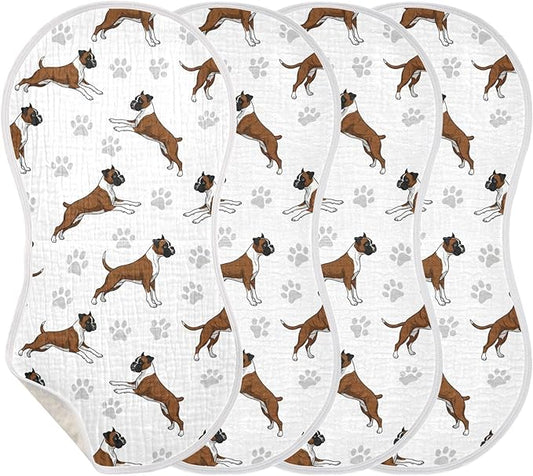Qinllo 4 Pack Muslin Burp Cloths Boxer Dogs White Cotton Baby Burp Cloths Ultra Absorbent Soft Thick Burping Cloth for Newborn Babies Boys Girls 22x11 Inch