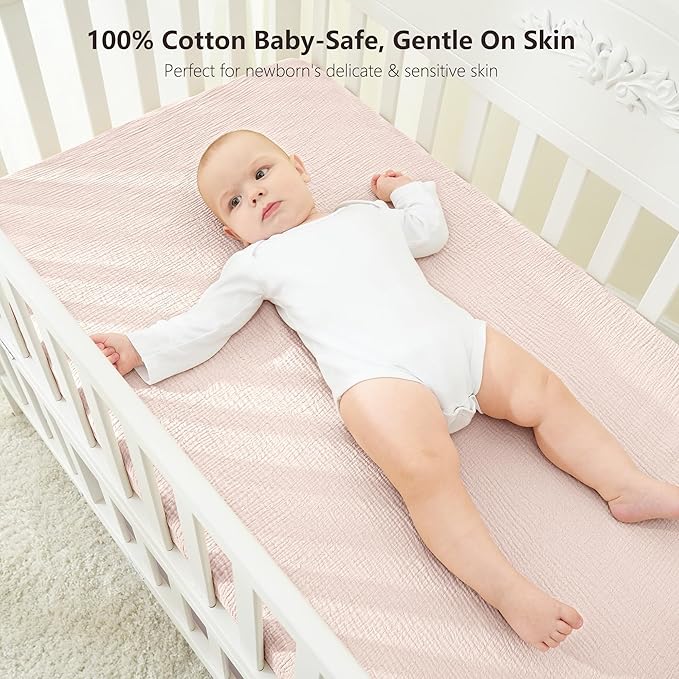 Bearmoss Muslin Crib Sheets - 100% Cotton Baby Crib Sheets Fitted for Standard Crib Mattress & Toddler Bed Mattress 52"x28" Soft Breathable Crib Sheet Neutral for Boys Girls - 2 Pack (Pink Purple)