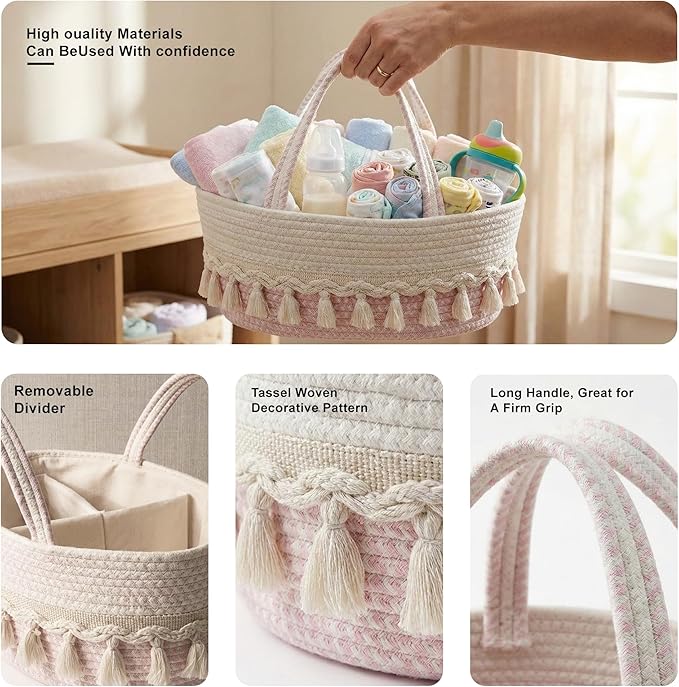 Diaper Caddy Organizer, Stylish Nursery Storage Basket, Baby Shower Basket with Tassel Decorative Appearance, Portable Storage Basket Suitable for Family and Car Travel (pinkish white)