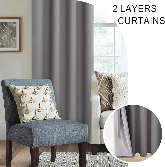 XWZO Complete Blackout Shades Window Curtain Panels with Tiebacks- Noise Reduction and Light Blocking Grommet Curtains with Black Liner for Studio, Basement Room, Grey, W52 x L54, Set of 2