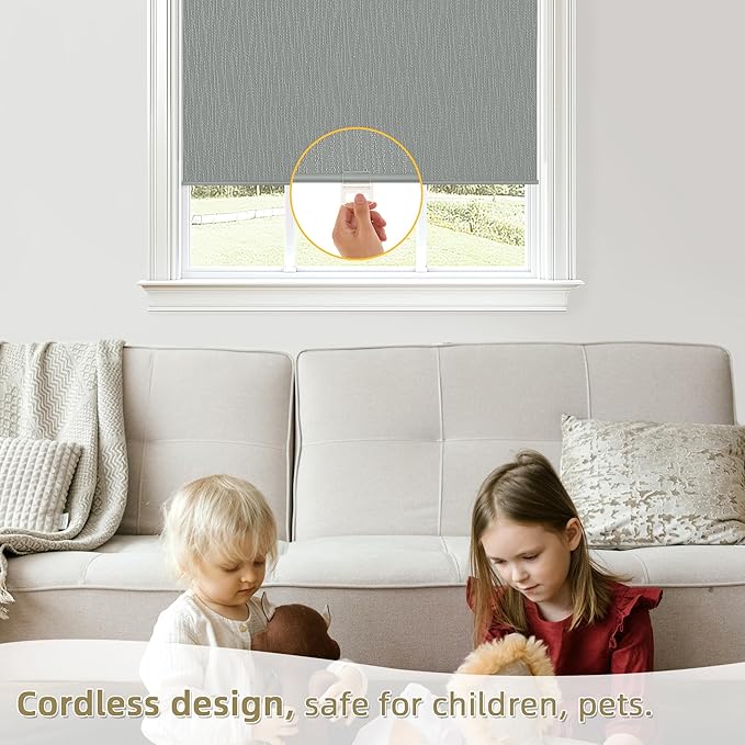 ChrisDowa Blackout Roller Shades for Windows, Striped Pattern Cordless Pull Down Door Blinds with Privacy, Thermal Insulated Window Shades for Living Room, Home and Office. Grey, 60" W x 72" H