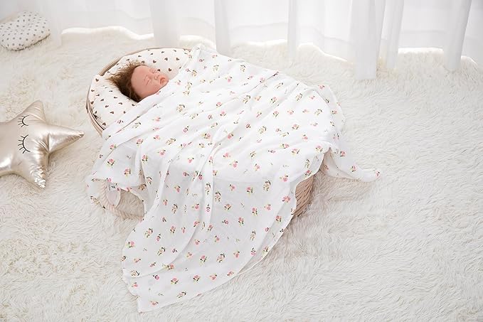 Muslin Swaddle Blankets for Baby Boys and Girls, 4-Pack Breathable and Skin-Friendly Receiving Blanket Wrap, Baby Essentials, Registry & Gift, 47 x 47 inches (Rosy Contrast)