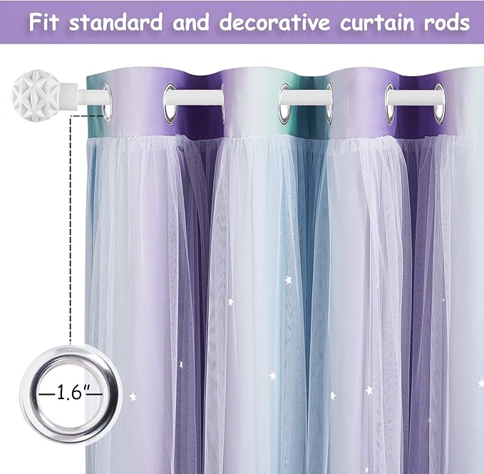 NICETOWN 2 Panels Stars Curtains Draperies for Kids Girls Bedroom Living Room Double Layers Blackout Rainbow Grommet Window Curtains Home Decor, Thermal Insulated 2 Panels,42x63 Inch, Teal & Purple