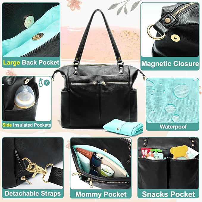 MOMINSIDE Diaper Bag Tote, Leather Diaper Bag Backpack with 14 Pockets, Convertible Baby Bag for Boys Girls, Baby Registry, Changing Pad, Large 4 Insulated Pockets(Black)
