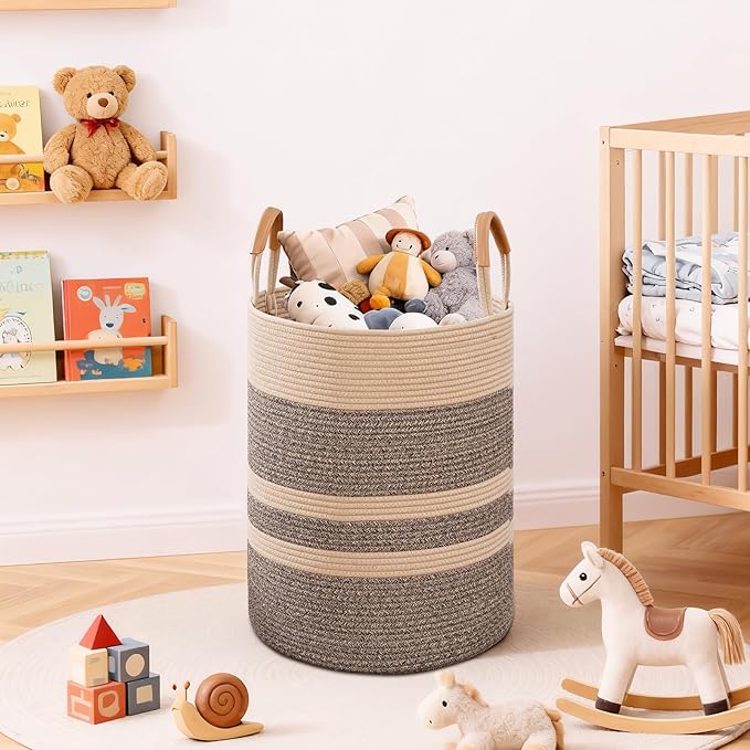 60L Striped Laundry Basket, Dark Brown Laundry Hamper with Leather Handles, Woven Cotton Rope Storage Bin for Blankets, Nursery Hamper for Clothes, Toys In Bathroom, Livingroom, Bedroom