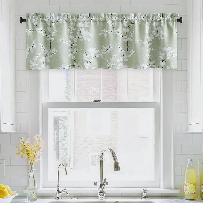 FMFUNCTEX Green Kitchen Valance Curtain for Windows Bathroom Living Room Bedroom, Blossom Blackout Window Valance Thermal Insulated Rod Pocket Valance Curtains, 50" W x 18" L, Sage Green and White