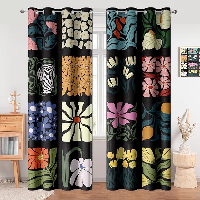 Boho Vintage Floral Blackout Curtains，Retro Colorful Lattice Flower Modern Art Aesthetic Window Drapes，Living Room Bedroom Decor 2 Panels 52x84 Inch