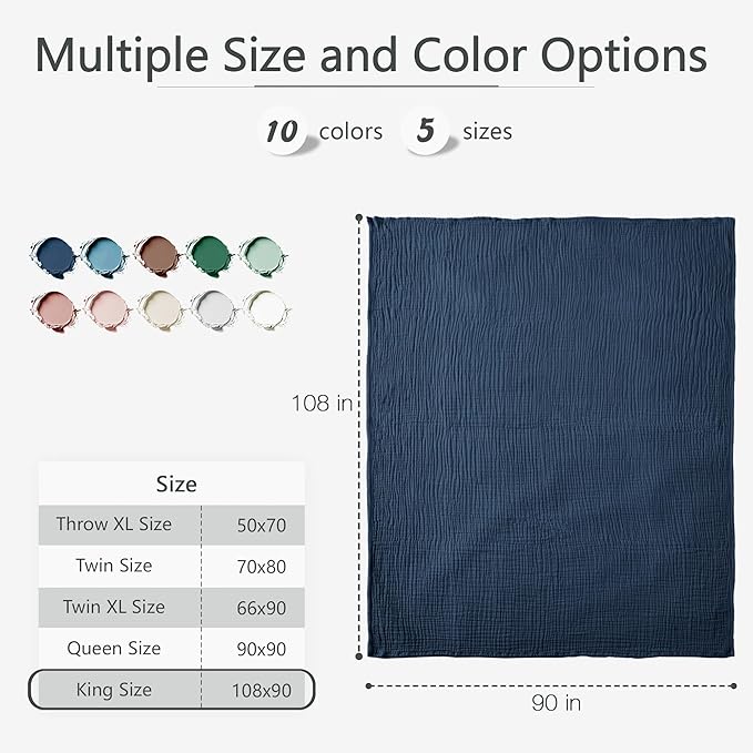 Carriediosa 100% Cotton Muslin Throw Blanket 108" X 90" King Size，4-Layers Summer Gauze Throws for Bed Couch，Soft Lightweight Breathable Linen Blankets Bedspread for Adults All Season，Navy Blue