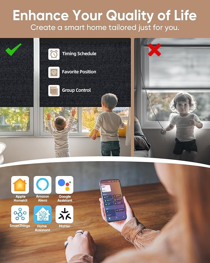 Kincmo Motorized Blinds with Remote,100% Blackout Motorized Roller Shades Work with Apple Homekit,Alexa,Google, Custom Electric Blinds with App,Voice Control (Eclipse Onyx Black)