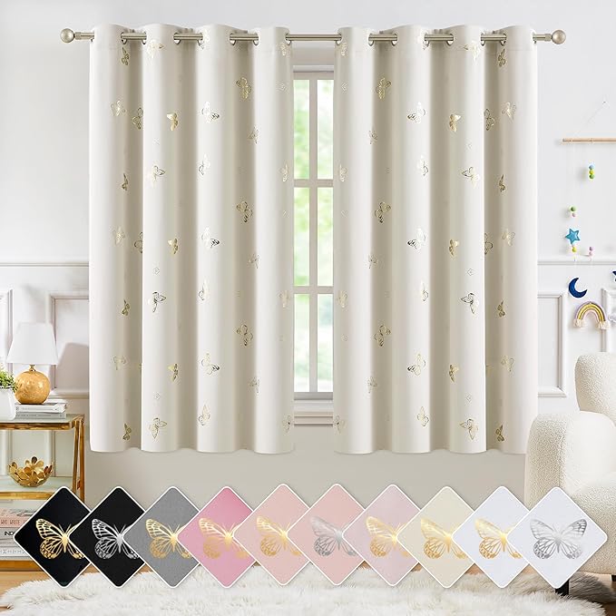 Jubilantex Butterfly Blackout Curtains 54" Long for Kids Bedroom, Beige and Gold Print Floral Butterfly Curtains with Black Layer Room Darkening Grommet Window Drapes for Bedroom Girls Room,52x54