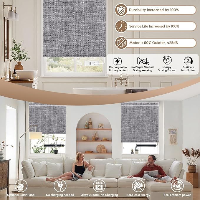 Kincmo No Drill Motorized Blinds with Remote, 100% Blackout Roller Shades for Windows, Custom Electric Blinds Compatible with Alexa, Apple Homekit, Google Home (100% Blackout Dual Sided Dark Grey)