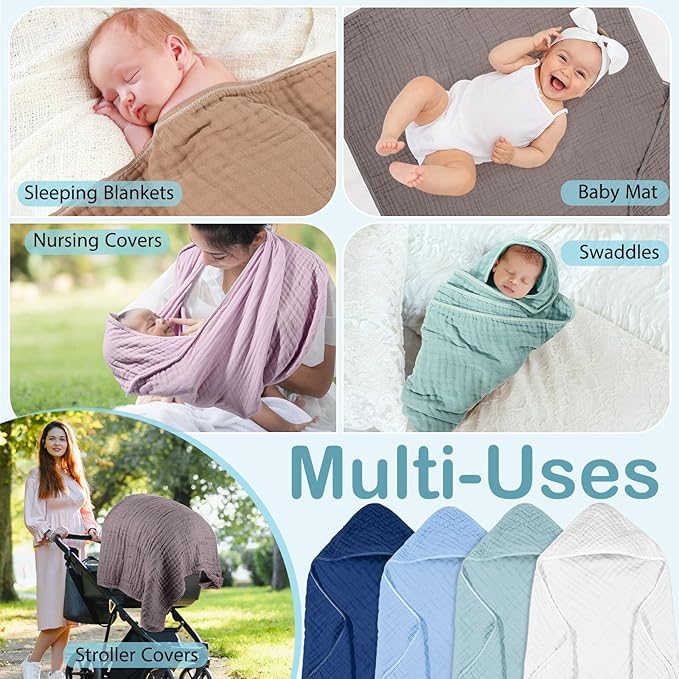 Peryiter 4 Pcs Muslin Hooded Baby Towels 32x32inch Cotton Newborn Bath Essentials Muslin Infant Blankets Absorbent Registry Baby Shower Present for Babies Girl Boy Kids (Blue Series)