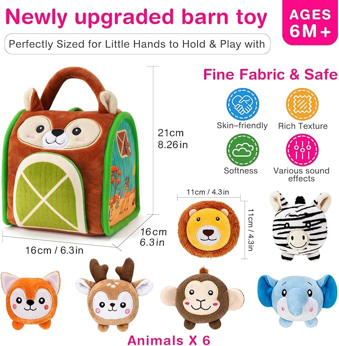 Montessori Sensory Toys for Babies 6-12 Months & Toddlers 1-3 Year Old - Educational Stuffed Animal Set with Rattle, Crinkle & Safe Mirror for Baby Kids & Boy Girl Birthday Gifts