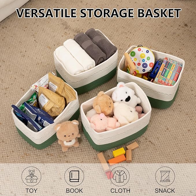 4 Pack Storage Baskets for Organizing, 13"X9"X7.87", Decorative Cotton Rope Baskets for Shelves, Small Woven Basket for Toys, Books and Towels, Green & White