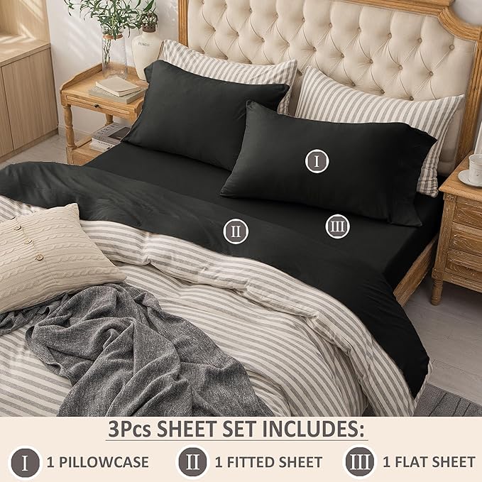 PURE ERA Jersey Knit 3pc Bed Sheet Set 100% T-Shirt Cotton Super Soft Comfy Breathable Fits Mattress Up to 20" Extra Deep Pocket (Solid Black, Twin)