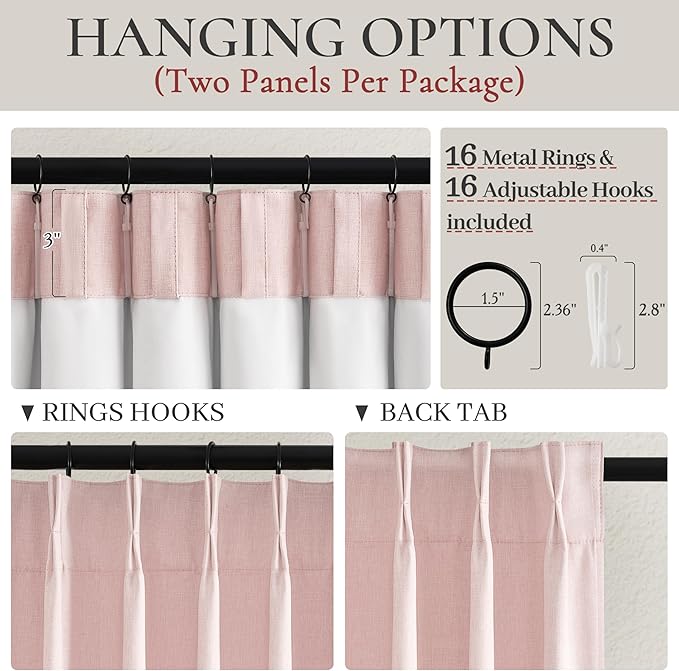 Pinch Pleated Heavy Flax Linen Baby Pink Curtains 90 Inches Long for Bedroom 2 Panels Set, Elegant Blackout Insulated Window Curtain with Hooks Rings for Nursery / Office Room Darkening Viral Drapes