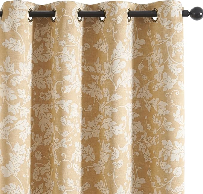 jinchan 75% Blackout Curtains for Bedroom, Brown Scroll Leaf Patterned Curtains 63 inch Length for Living Room, Farmhouse Vintage Drapes, Thermal Insulated Window Treatments, Grommet 2 Panels Brown