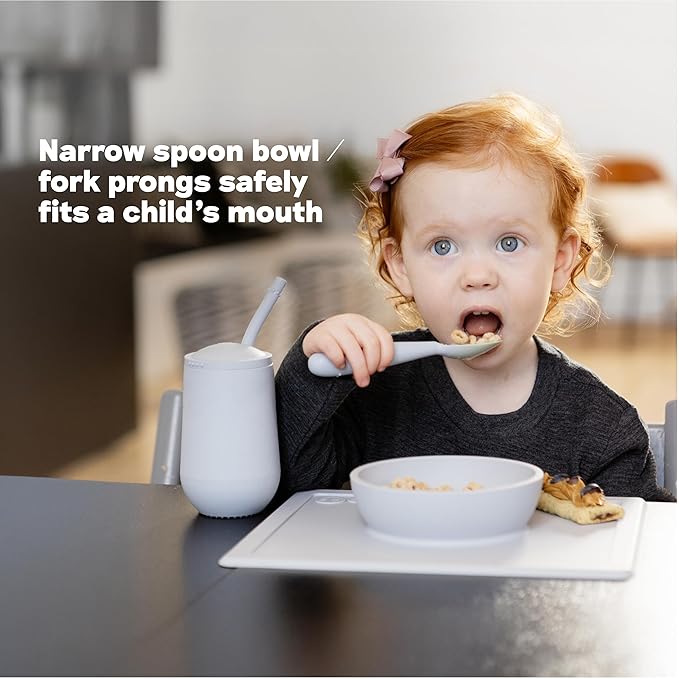 ezpz Happy Utensils - 24 Months+ (Coral) - BPA Free Toddler Utensils - Fork, Spoon and Knife for Toddlers and Preschoolers - For Self-Feeding Development
