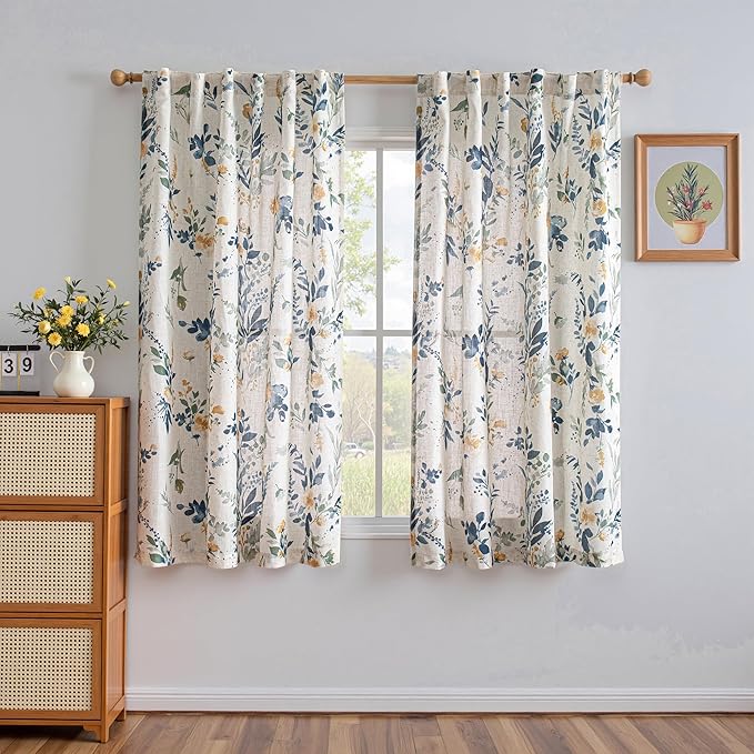 MYSKY HOME Linen Floral Curtains 63 inches Long 2 Panels Set for Bedroom Light Filtering Privacy Protect Farmhouse Style Decorative Drapes Back Tab for Home,50" Wide Each Panel, Yellow and Blue