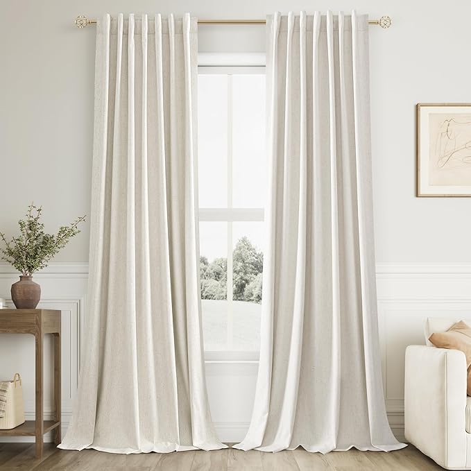 Guken Cream 100% Blackout Linen Curtains 100 Inch Length 2 Panels Set for Living Room Bedroom Back Tab Thermal Insulated Black Out Linen Drapes Room Darkening Window Curtains