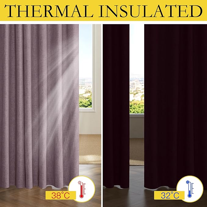 NICETOWN Chaise Mauve Vintage Linen 100% Blackout Curtains for Living Room, Thermal Insulated Curtains 84" Long, 52" Wide Per Panel, Set of 2, Noise Reducing Window Treatment Drapes for Hall Room