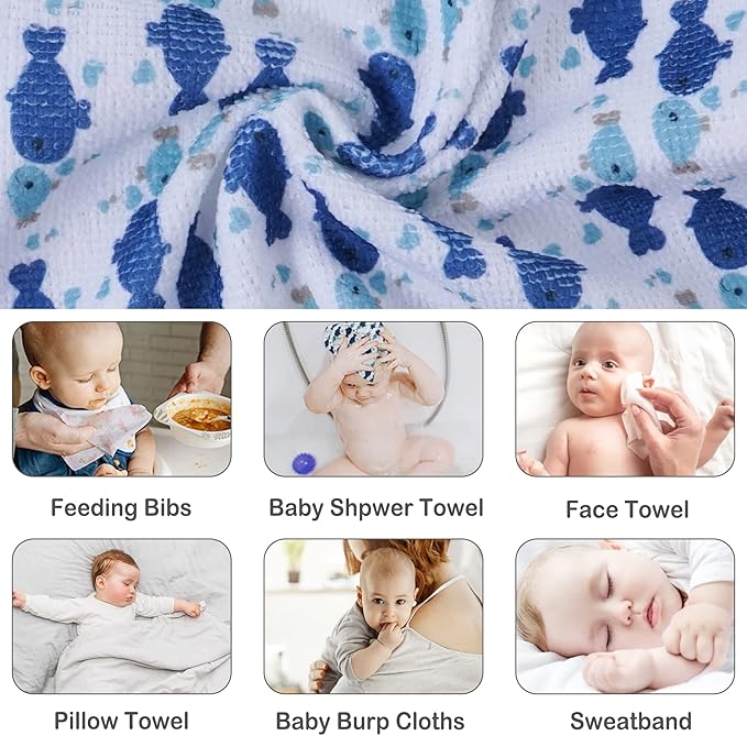 Viviland Baby Washcloths, Super Soft Baby Bath Towels for Newborn 24 Pack, Absorbent Face & Body Wash Cloth for Baby Boy, Whale Bro Pattern, 9 x 9 inch
