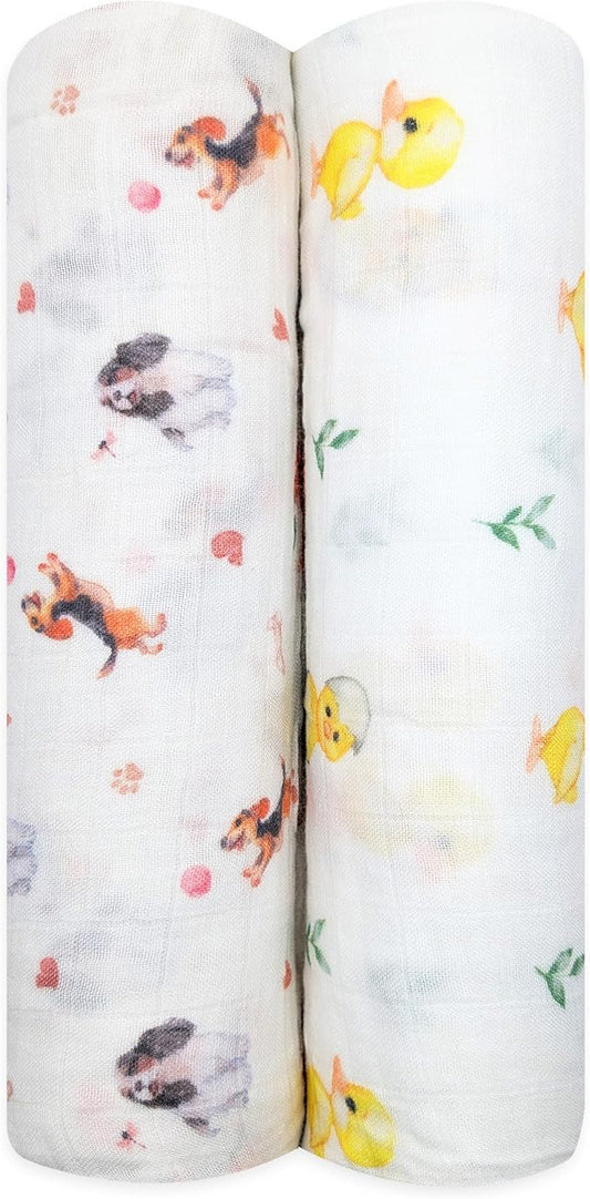 Muslin Swaddle Blankets, Soft Breathable Cozy Baby Blankets for Newborn Boys and Girls, 47” X 47“, 2 Pack Receiving Swaddles, 70% Viscose from Bamboo 30% Cotton (Playful Pals)