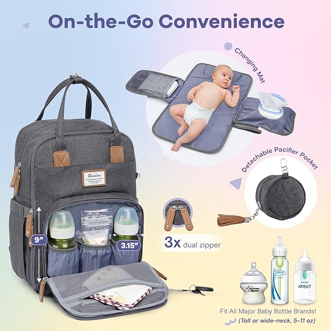 RUVALINO Diaper Bag Backpack, Multifunction Travel Pack Maternity Baby Changing Bags, Large Capacity, Waterproof, Dark Gray | Multifunction, Travel Pack, Maternity, Baby Changing Bags, Waterproof