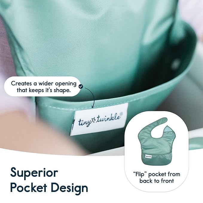 Tiny Twinkle Mess-Proof Baby Bibs for Eating | Waterproof, Wipeable Toddler Bibs with Catch-All Pocket | Feeding Bibs for Girls & Boys(3 Pack,Olive. Slate)