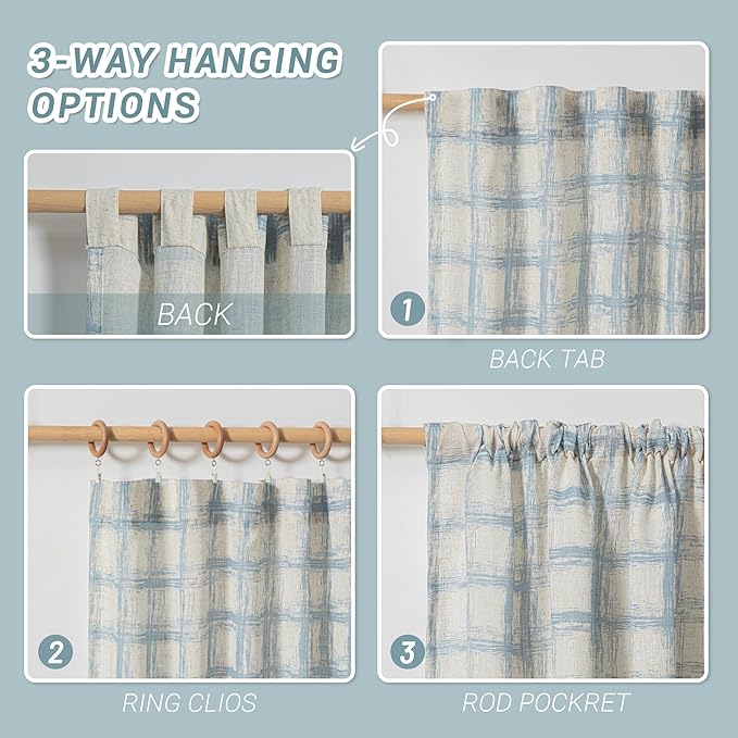MYSKY HOME Linen Curtains 84 Inches Long, Window Treatment Sets for Living Room Bedroom Linen Blend Drapes, Soft Touch Plaid Room Divider Curtains for Doorways Sliding Glass Door, Blue, 2 PCs