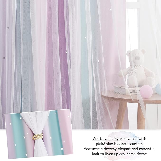 NICETOWN Blackout Curtains for Bedroom, Star Hollow-Out Nursery Nursery Rainbow Ombre Curtains for Classroom Living Room, 52 x 72 inch, Set of 2, Blue & Purple & Pink