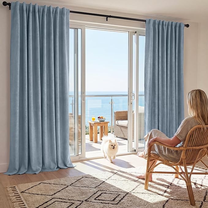 RYB HOME Smoky Blue 100% Blackout Curtains for Bedroom 102 inch Long 52 inch Wide, Linen Blackout Curtains Privacy Protection& Thermal Insulated for Sliding Door/Living Room, 2 Panels