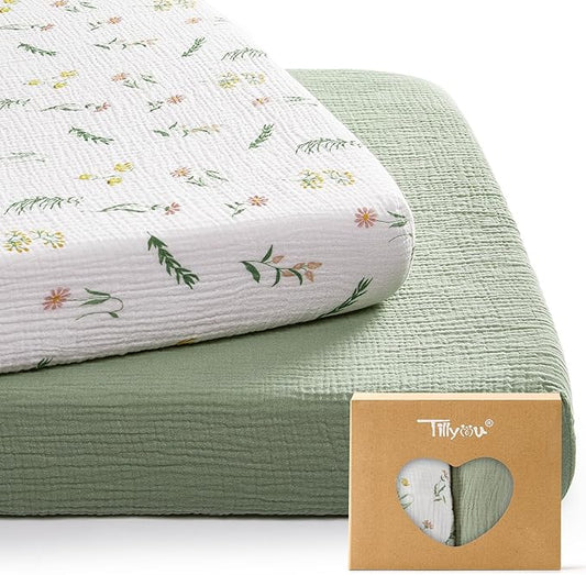 TILLYOU Muslin Mini Crib Sheets 2 Pack, Pack and Play Mattress Sheets Fitted for Pack N Play, 38'' x 26'' Sheet for Toddler, Daisy