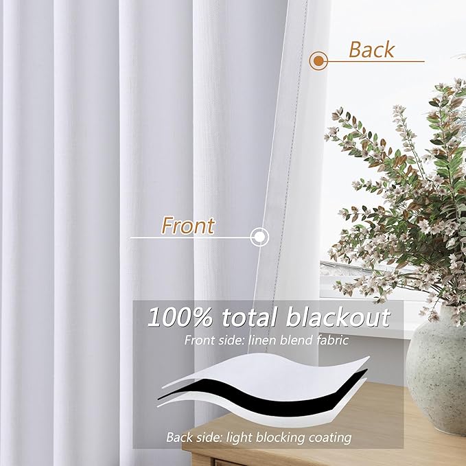 Guken White 100% Blackout Curtains 144 Inch Length 2 Panels Set for Living Room Bedroom Back Tab Thermal Insulated Black Out Linen Drapes Room Darkening Window Curtains