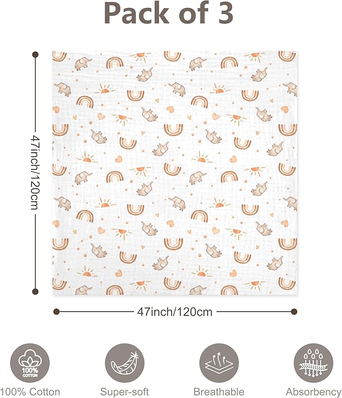3-Pack 100% Cotton Muslin Swaddle Blankets, Large 47 x 47 Inches — Breathable Soft Receiving Blankets for Newborns, Swaddling Wraps, Registry Gift (Rainbow Elephant Safari)
