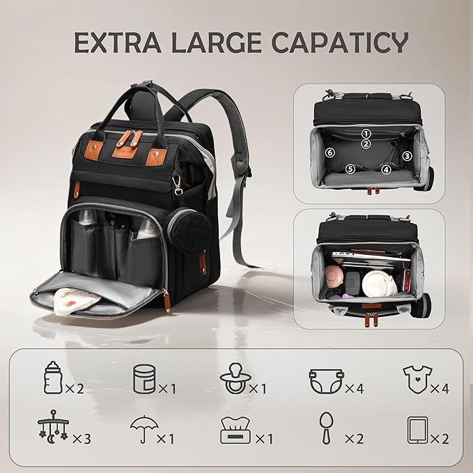 Diaper Bag with Changing Station, Multifunction Travel Baby Bag, Waterproof Baby Tote, Large Capacity Mommy Bag, Newborn Essentials Backpack Bag, Unisex, Black