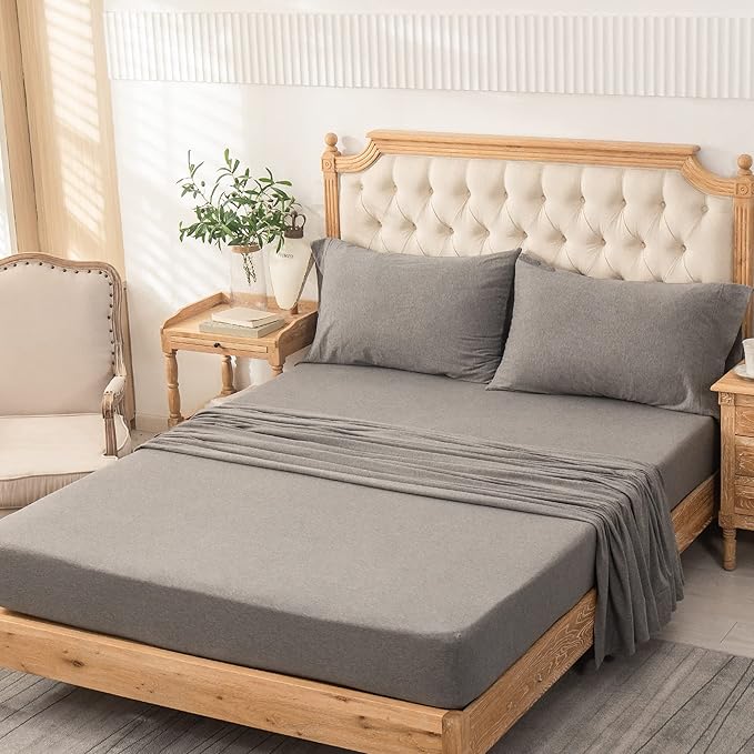 PURE ERA Jersey Knit 4pc Bed Sheet Set 100% T-Shirt Cotton Super Soft Comfy Breathable Fits Mattress Up to 20" Extra Deep Pocket (Heather Dark Grey, Full)