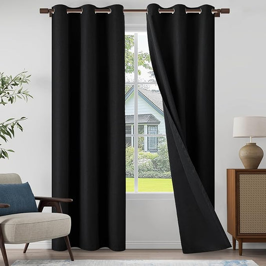 100% Blackout Linen Textured Curtains 84 Inch Length 2 Panels Set for Living Room, Bedroom, Light Weight Curtains with Grommets Top, Full Blackout Curtains Privacy Protection, Black, 37" W x 84" L