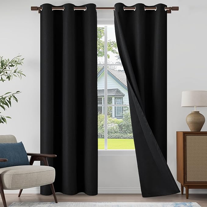 Light Weight Curtains 100% Blackout Linen Textured Curtains 96 Inch Length for Living Room, Bedroom, Full Blackout Curtains with Grommets Top, Black, 37" W x 96" L, 2 Panels