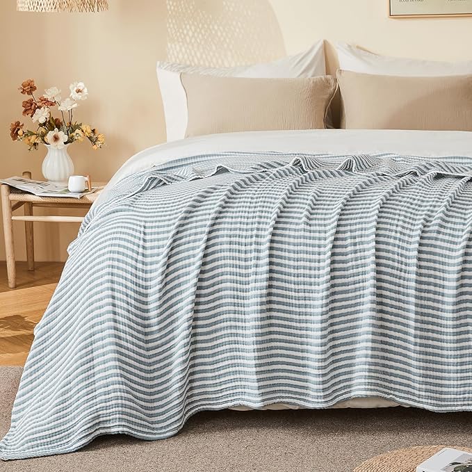 EMME Cotton Muslin King Blanket Bed Layering Bedspread Coverlet Breathable Gauze Soft Lightweight (Striped Teal, 108"x90")