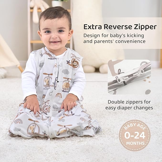 FIEMOL Baby Sleep Sack 6-12 Months, 0.5 TOG Wearable Blanket for Baby Boy and Girl, 2-Way Zipper Newborn and Infant Sleeping Bag 2 Pack, Lightweight Sleep Sacks Grey Helicopter（Medium）