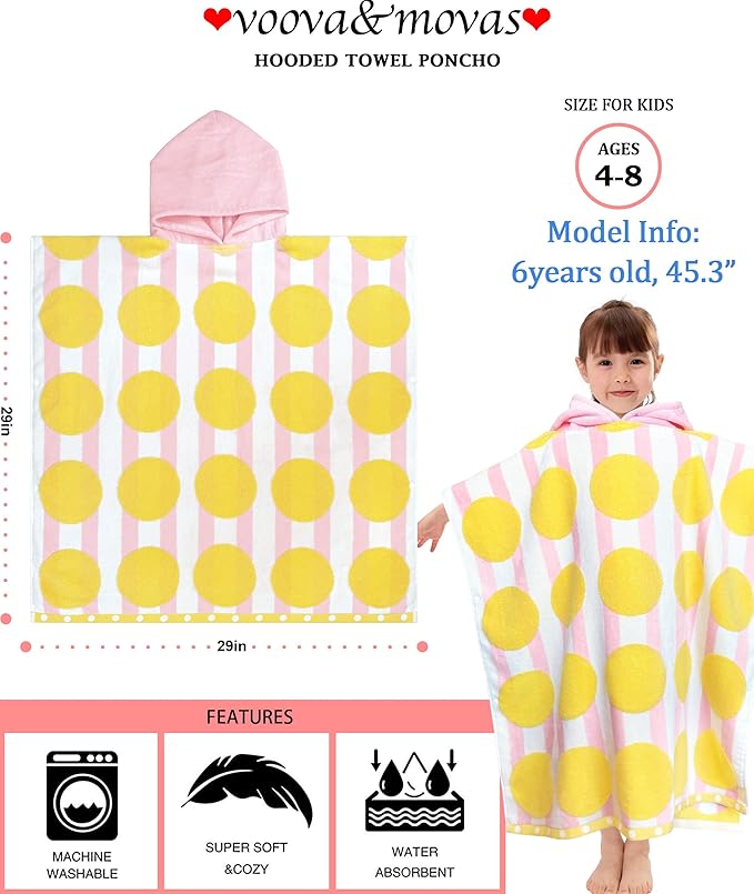 VOOVA & MOVAS Kids Poncho Towels with Hood (4-8Years), Absorbent Quick Dry Lightweight Hooded Beach Towel for Pool | Swim | Bath, Pink Strip Dot